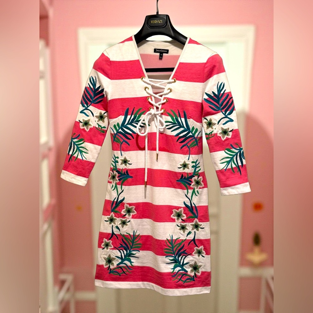 Juicy Couture Los Angeles NWT Pink White Striped Floral Embroidery Dress (0582)